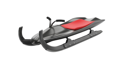 Modern gray sled with red seat and black handles on black background snow winter