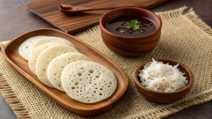 Traditional South Indian Neer Dosa with Coconut Chutney and Curry