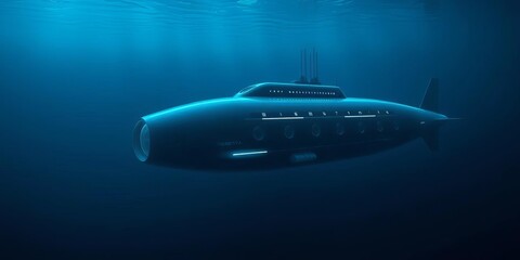 Fototapeta premium Sleek, futuristic submarine submerged in dark ocean depths, navy, strategic