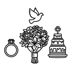 Naklejka premium Black and white line art icons for a wedding - diamond ring, rose bouquet, tiered cake, and a flying dove.