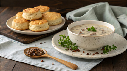 Homemade Biscuits and Creamy Gravy &ndash; Rustic Comfort Food Breakfast Photography