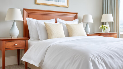 Luxurious hotel room bed for comfortable travel and elegant accommodation