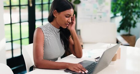 Finance, headache or Indian woman in office with massage, brain fog or audit mistake on budget report. Burnout, tech or analyst in agency with migraine, mental strain or error in bookkeeping.