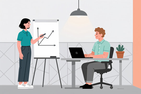 Woman in teal shirt presenting graph on flipchart to man working on laptop, in modern office with geometric patterned wall and hanging light.