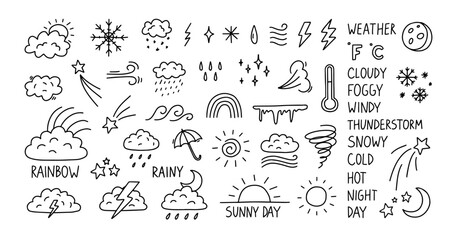 Doodle weather icons with hand draw cute sun and cloud. Sketchy line art rain and snow with scribble rainbow and storm. Outline vector signs thermometer and windy, sunny in kid drawn style