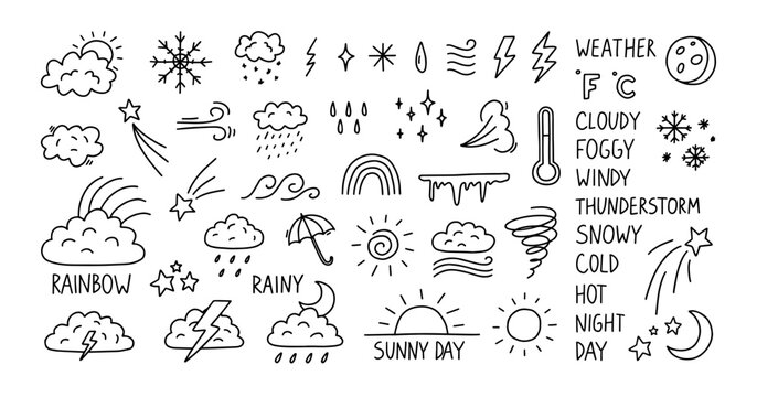 Doodle weather icons with hand draw cute sun and cloud. Sketchy line art rain and snow with scribble rainbow and storm. Outline vector signs thermometer and windy, sunny in kid drawn style