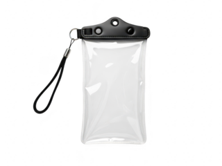 Clear waterproof phone pouch with black details and wrist strap, isolated on transparent background