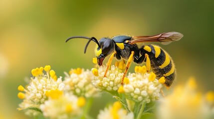 A hard-working bee collects nectar from brightly coloured flowers, highlighting the importance of pollination for the ecosystem, which is ideal as a natural backdrop for environmental presentations.
