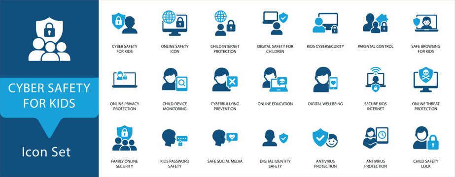 Cyber Safety for Kids  Family Security icon set. Digital protection, parental control, online privacy, anti-bullying, and child monitoring symbols for educational and technology projects.