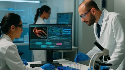 Genetic research and biotechnology innovation with scientists analyzing DNA data in modern laboratory environment - Powered by Adobe