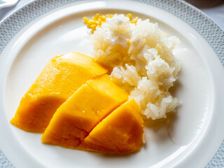 Mango sticky rice with coconut milk topping, famous Thai dessert, serve on white dish in luxury restaurant