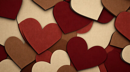 Paper heart collage background texture valentine hearts layered arrangement romantic pattern with warm tones and subtle fabric feel evokes cozy affectionate mood