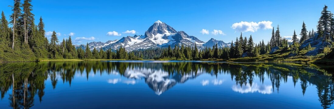 Crystal clear lake reflecting snowy mountain peaks and green forest under a bright blue sky, ideal for travel branding, scenic backgrounds, nature projects, and peaceful outdoor visuals
