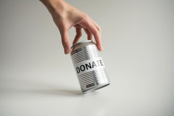 Foods donate program charity concept. Hand placing a donation can on a light background, symbolizing charity and giving.
