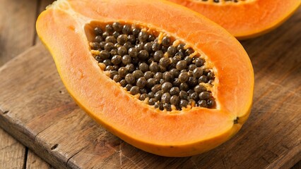 Cross section of vibrant tropical papaya revealing dark gelatinous seeds on rustic timber","papaya, fruit, seed, tropical, orange, macro, half, ripe, food, freshness, vibrant, Carica papaya, sweet, ju