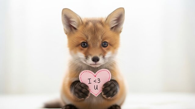 Cute baby fox holding a heart with I love you message