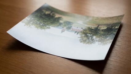 Textured photographic print sheet resting on a rich brown timber desk surface","photograph, print, paper, wood, texture, brown, surface, landscape, memory, curve, shallow depth of field, closeup, deta