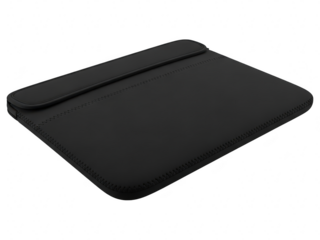 Black neoprene laptop sleeve with flap closure, isolated on transparent background