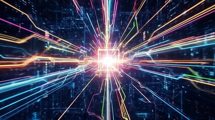 Entering a Dynamic Data Network Scene with Bright Colorful Light Trails - Powered by Adobe