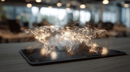 World map hologram over tablet display