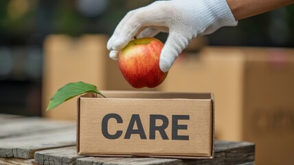 Foods donate program charity concept. A hand places an apple into a box labeled "CARE," symbolizing thoughtful giving.