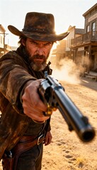 Fototapeta premium Wild West outlaw gunslinger aiming revolver in a tense frontier showdown.