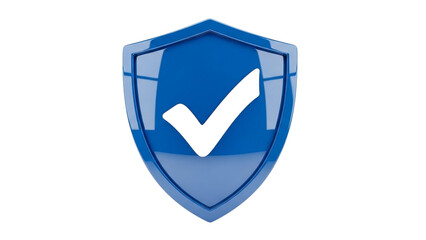 Glossy blue shield with a white checkmark, symbolizing robust digital security, data protection, and verified online solutions, representing trust and assurance for users
