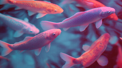 Holographic koi fish pond, glowing koi flickering like projections, soft light and reflections, futuristic vibe