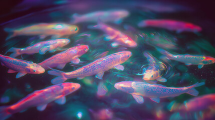 Holographic koi fish pond, glowing koi flickering like projections, soft light and reflections, futuristic vibe