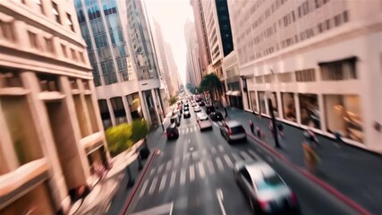 Driving Through Busy Downtown City Street with Camera Slowly Rising to Sky.