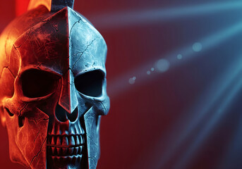 Spartan Skull Macro Art dengan Dramatic Lighting dan Vibrant Volumetric Effects