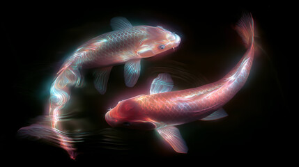 Holographic koi fish pond, glowing koi flickering like projections, soft light and reflections, futuristic vibe