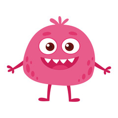 Cute Pink Cartoon Monster. Funny Friendly Kids Character Illustration in Flat Vector Style, Smiling Fantasy Creature. Isolated on a White Background.