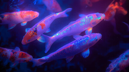 Holographic koi fish pond, glowing koi flickering like projections, soft light and reflections, futuristic vibe