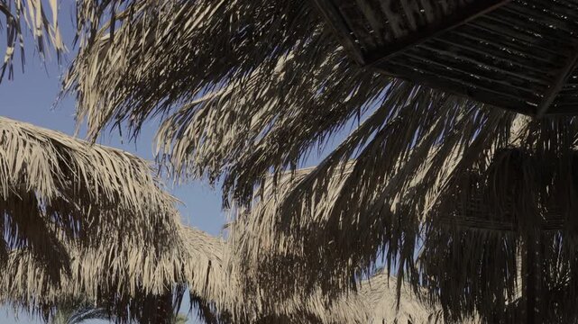 Close-up view of a traditional thatched roof made from dried palm leaves against a clear blue sky. Slow motion.