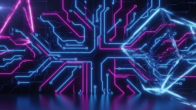 Circuit board sparks fly through glowing liquid with abstract futuristic communication neon low effect abstract background style