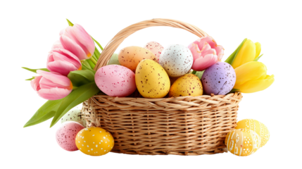 A playful collection of Easter eggs in a decorative basket with fresh petals and greenery on transparent png background. Ai generated
