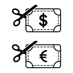 Scissors Cutting Dollar and Euro Money Coupon Discount Vector