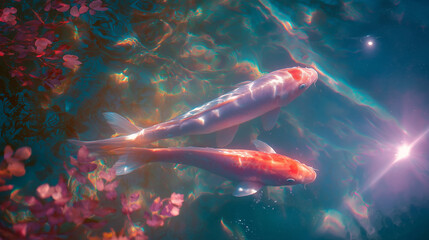 Holographic koi fish pond, glowing koi flickering like projections, soft light and reflections, futuristic vibe