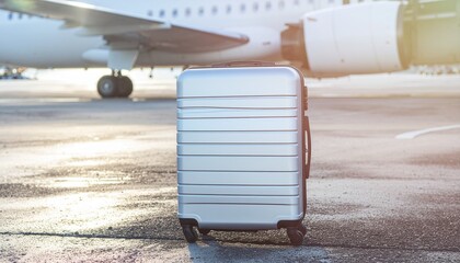 Sleek silver suitcase on bright airport tarmac, passenger jet background, symbolizing travel, business trips, and exciting global adventures