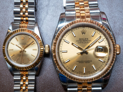 Rolex Datejust and Oyster perpetual lady gold fluted bezel with two tone jubilee strap