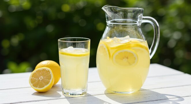Refreshing lemonade in glass pitcher and tumbler on a white wooden table, outdoors. Sunlight highlights the drink - Powered by Adobe