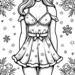 A stylish woman in a winter-themed dress adorned with snowflakes stands confidently amid floral and snowflake decorations in a cheerful, hand-drawn black and white illustration.