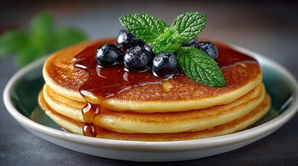 Golden fluffy pancakes topped with fresh blueberries, mint leaves, and maple syrup create a delicious and inviting breakfast scene in a rustic setting.