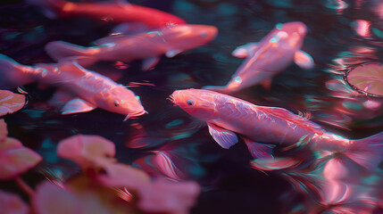 Holographic koi fish pond, glowing koi flickering like projections, soft light and reflections, futuristic vibe