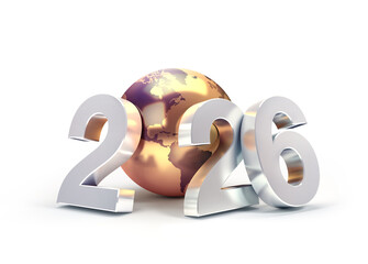 2026 date number with gold earth globe, isolated on white, New Year greeting card
