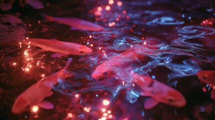 Holographic koi fish pond, glowing koi flickering like projections, soft light and reflections, futuristic vibe