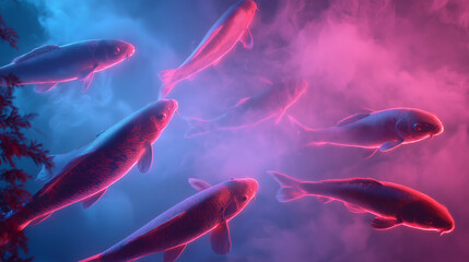 Holographic koi fish pond, glowing koi flickering like projections, soft light and reflections, futuristic vibe