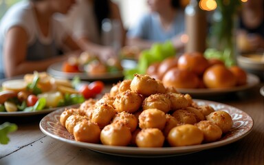 A welcoming table is set amidst the sizzling treats and joyful atmosphere. High quality