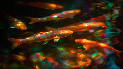 Holographic koi fish pond, glowing koi flickering like projections, soft light and reflections, futuristic vibe